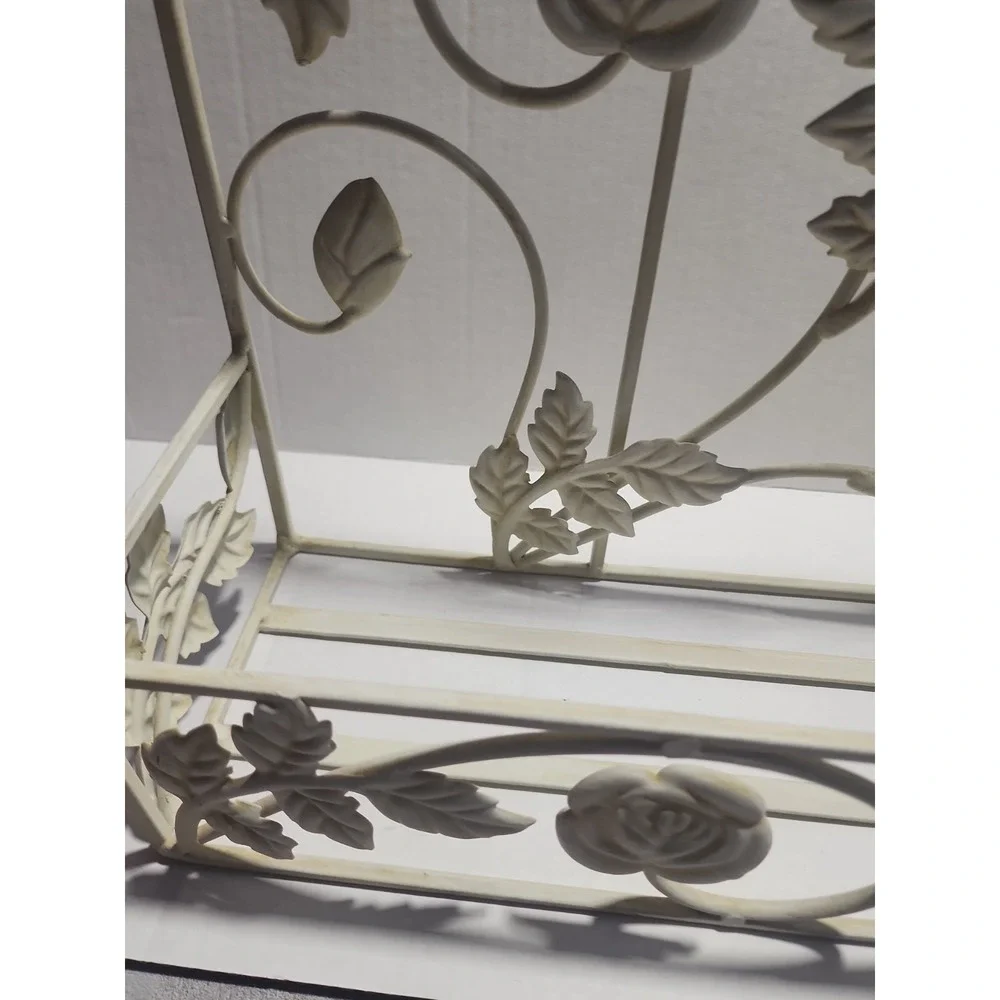 Vtg Metal Wrought Iron Wall Hanging Shelf Floral Decor Beige Distressed 19 in.